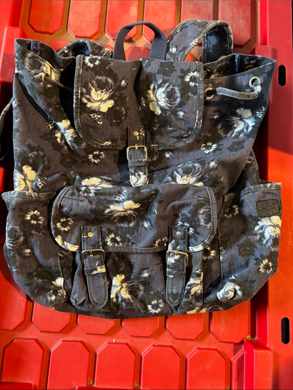 Aeropostale Black Floral Canvas Drawstring Backpack